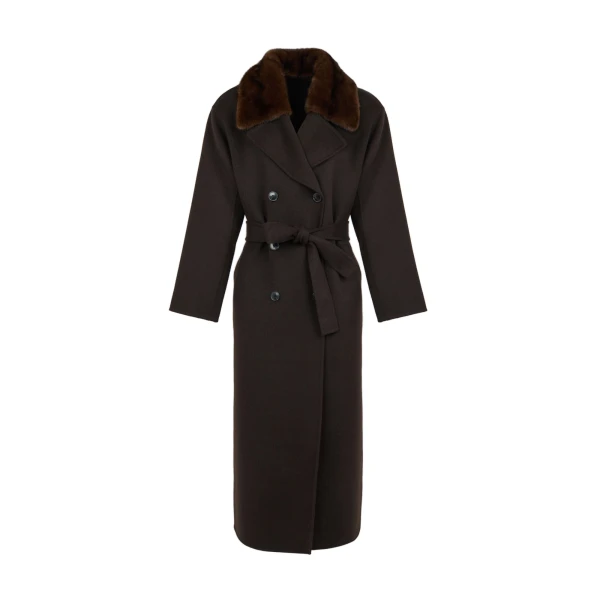 Belted Cashmere Wool Coat with Mink Fur Collar in Brown