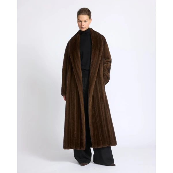 Yves Salomon Belted Maxi Coat in Long-Haired Straightened Mink in Brown | Coats | Luxury Shoes 