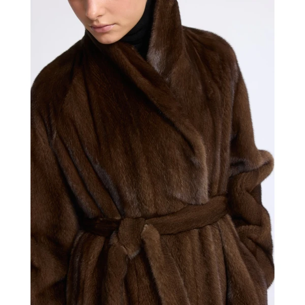 Yves Salomon Belted Maxi Coat in Long-Haired Straightened Mink in Brown | Coats | Luxury Shoes 