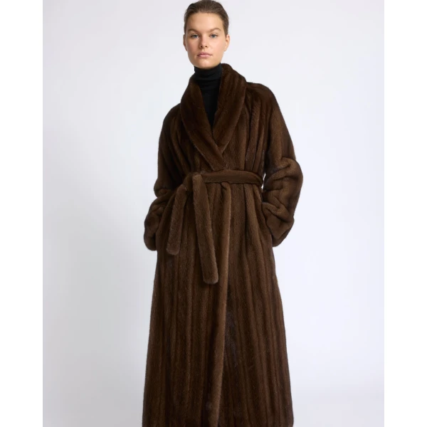 Yves Salomon Belted Maxi Coat in Long-Haired Straightened Mink in Brown | Coats | Luxury Shoes 