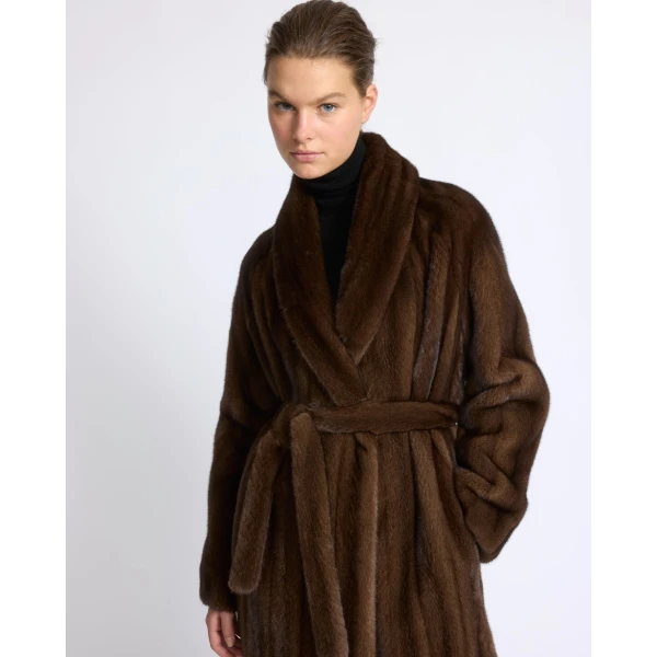 Yves Salomon Belted Maxi Coat in Long-Haired Straightened Mink in Brown | Coats | Luxury Shoes 