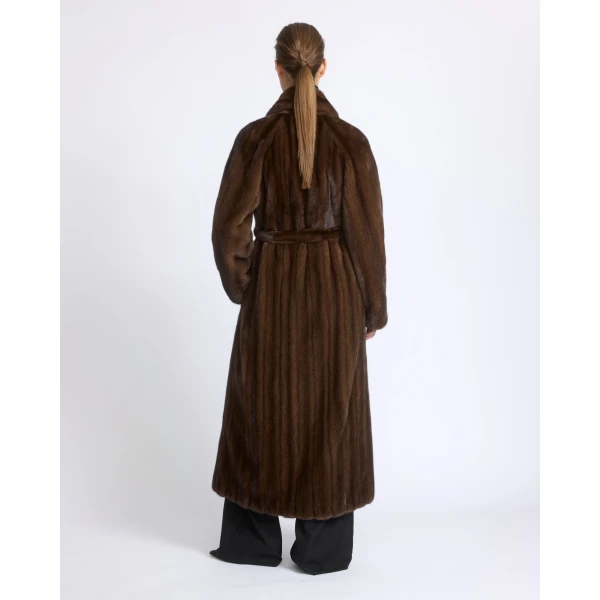 Yves Salomon Belted Maxi Coat in Long-Haired Straightened Mink in Brown | Coats | Luxury Shoes 