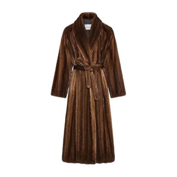 Yves Salomon Belted Maxi Coat in Long-Haired Straightened Mink in Brown | Coats | Luxury Shoes 
