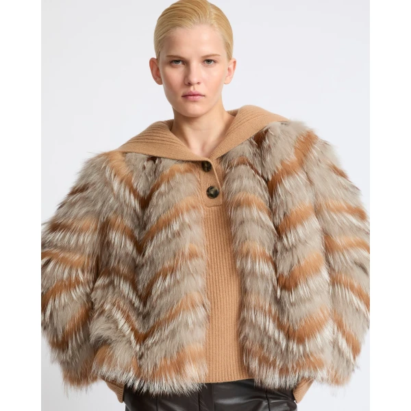 Yves Salomon Belted Merino Knit and Fox Fur Cardigan in Sandy Beige | Cardigan | Luxury Shoes 