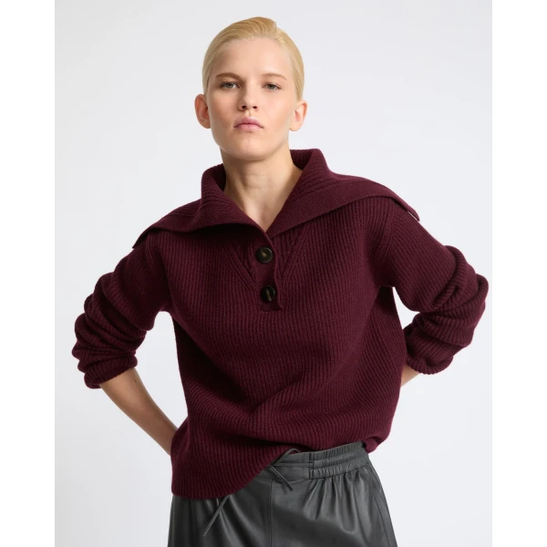 Yves Salomon Buttoned Sailor Collar Knit Sweater in Bordeaux | Sweaters | Luxury Shoes 