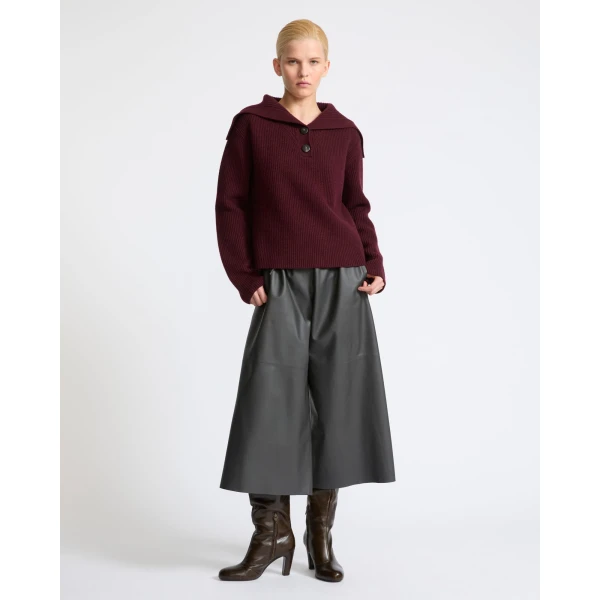 Yves Salomon Buttoned Sailor Collar Knit Sweater in Bordeaux | Sweaters | Luxury Shoes 