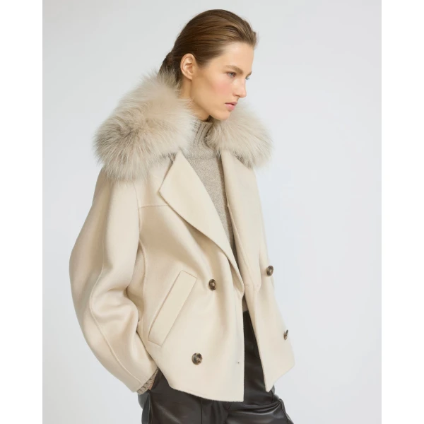 Yves Salomon Cashmere-Blend Pea Jacket with Removable Fox Fur Collar in Beige | Jackets | Luxury Shoes 