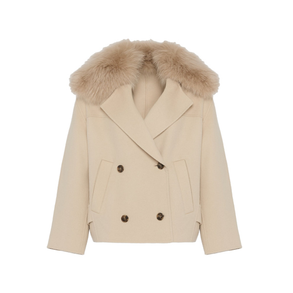 Yves Salomon Cashmere-Blend Pea Jacket with Removable Fox Fur Collar in Beige | Jackets | Luxury Shoes 