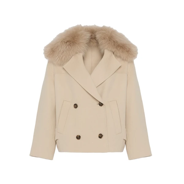 Yves Salomon Cashmere-Blend Pea Jacket with Removable Fox Fur Collar in Beige | Jackets | Luxury Shoes 