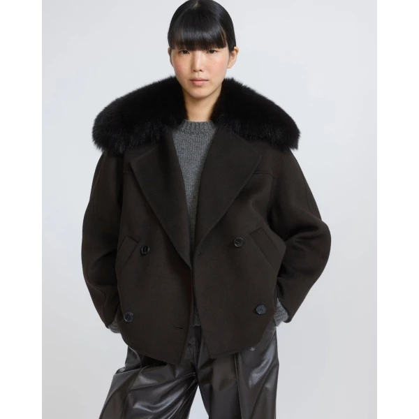 Yves Salomon Cashmere-Blend Pea Jacket with Removable Fox Fur Collar in Brown | Jackets | Luxury Shoes 