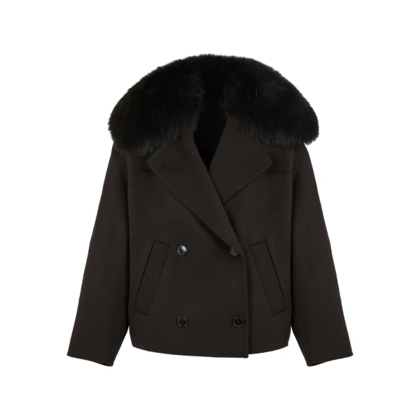 Yves Salomon Cashmere-Blend Pea Jacket with Removable Fox Fur Collar in Brown | Women | Luxury Shoes 