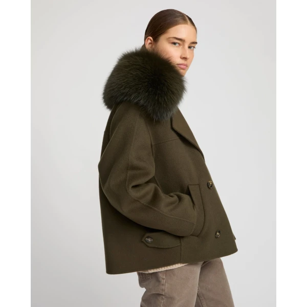 Yves Salomon Cashmere-Blend Pea Jacket with Removable Fox Fur Collar in Khaki | Jackets | Luxury Shoes 