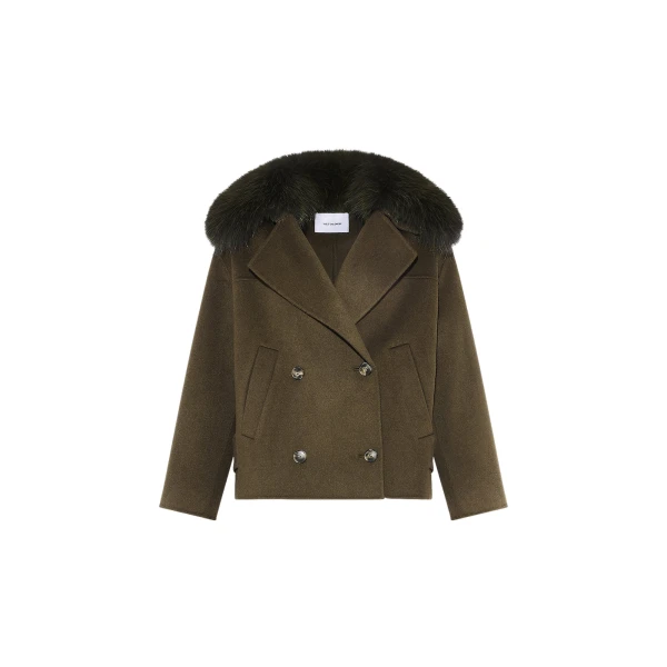 Yves Salomon Cashmere-Blend Pea Jacket with Removable Fox Fur Collar in Khaki | Women | Luxury Shoes 