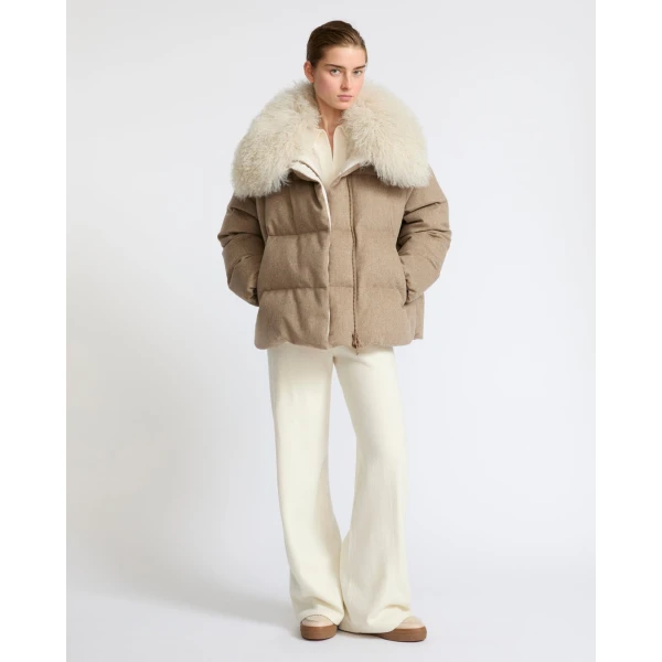 Yves Salomon Cashmere Down Jacket with Long Curly Lambskin Collar in Beige | Jackets | Luxury Shoes 