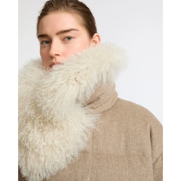 Yves Salomon Cashmere Down Jacket with Long Curly Lambskin Collar in Beige | Jackets | Luxury Shoes 