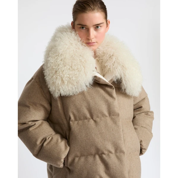 Yves Salomon Cashmere Down Jacket with Long Curly Lambskin Collar in Beige | Jackets | Luxury Shoes 