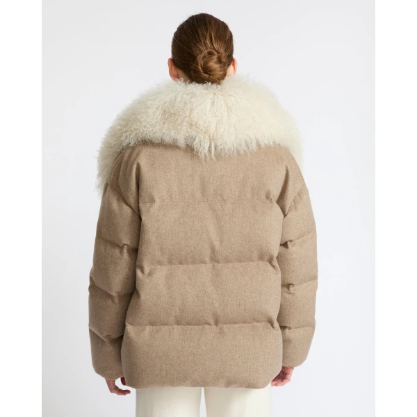 Yves Salomon Cashmere Down Jacket with Long Curly Lambskin Collar in Beige | Jackets | Luxury Shoes 