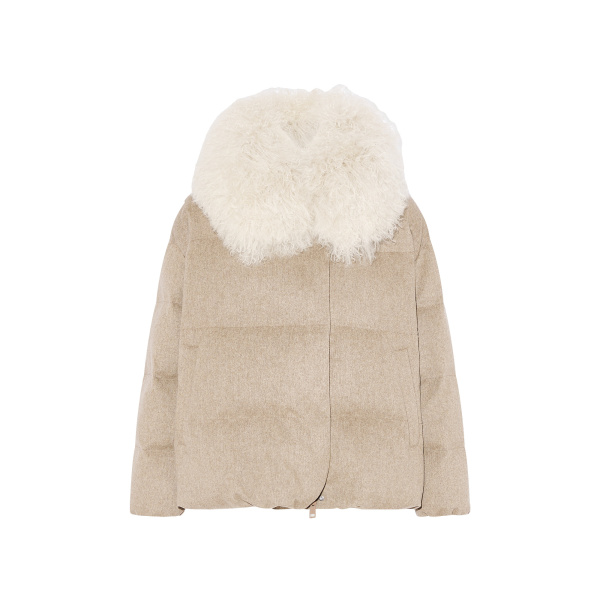 Yves Salomon Cashmere Down Jacket with Long Curly Lambskin Collar in Beige | Jackets | Luxury Shoes 