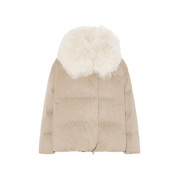 Cashmere Down Jacket with Long Curly Lambskin Collar in Beige