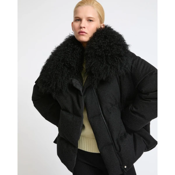 Yves Salomon Cashmere Down Jacket with Long Curly Lambskin Collar in Black | Jackets | Luxury Shoes 