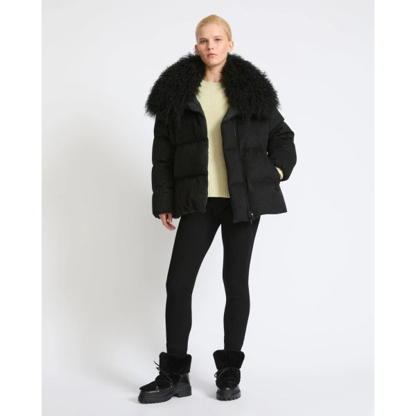 Yves Salomon Cashmere Down Jacket with Long Curly Lambskin Collar in Black | Jackets | Luxury Shoes 