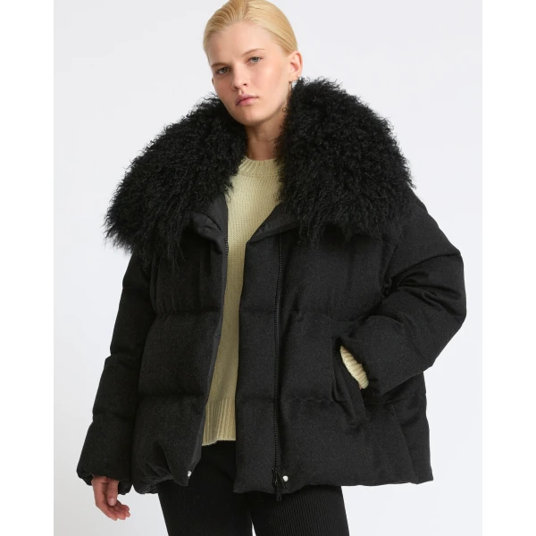 Yves Salomon Cashmere Down Jacket with Long Curly Lambskin Collar in Black | Jackets | Luxury Shoes 
