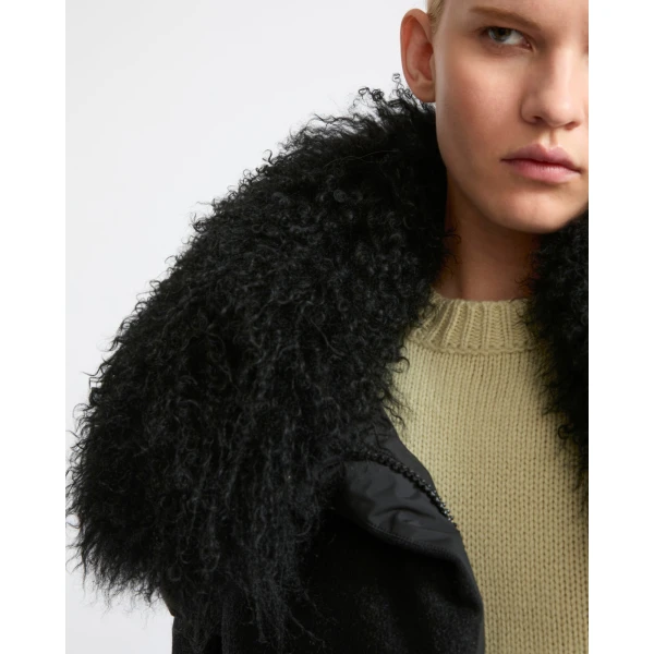 Yves Salomon Cashmere Down Jacket with Long Curly Lambskin Collar in Black | Jackets | Luxury Shoes 