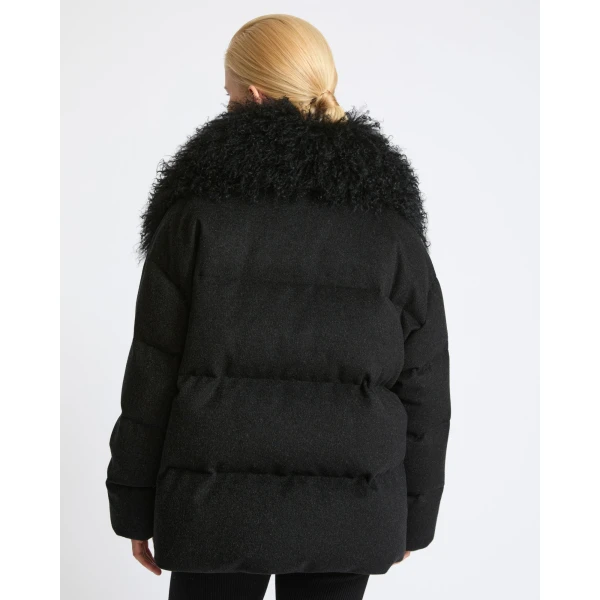Yves Salomon Cashmere Down Jacket with Long Curly Lambskin Collar in Black | Jackets | Luxury Shoes 