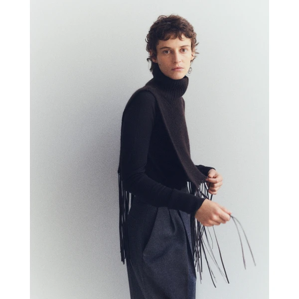 Yves Salomon Cashmere Knit Bib with Leather Fringes in Brown | Scarves | Luxury Shoes 