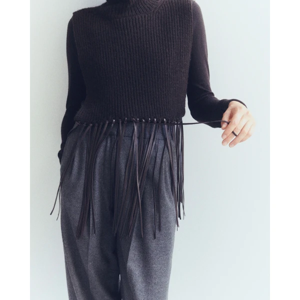 Yves Salomon Cashmere Knit Bib with Leather Fringes in Brown | Scarves | Luxury Shoes 