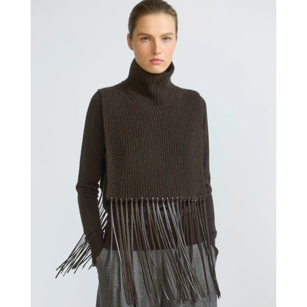 Yves Salomon Cashmere Knit Bib with Leather Fringes in Brown | Scarves | Luxury Shoes 