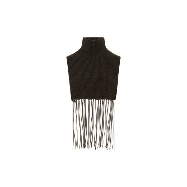 Yves Salomon Cashmere Knit Bib with Leather Fringes in Brown | Scarves | Luxury Shoes 
