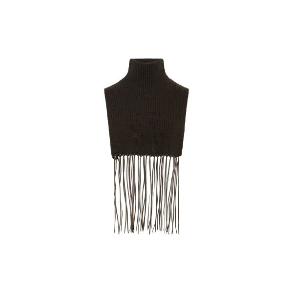 Cashmere Knit Bib with Leather Fringes in Brown
