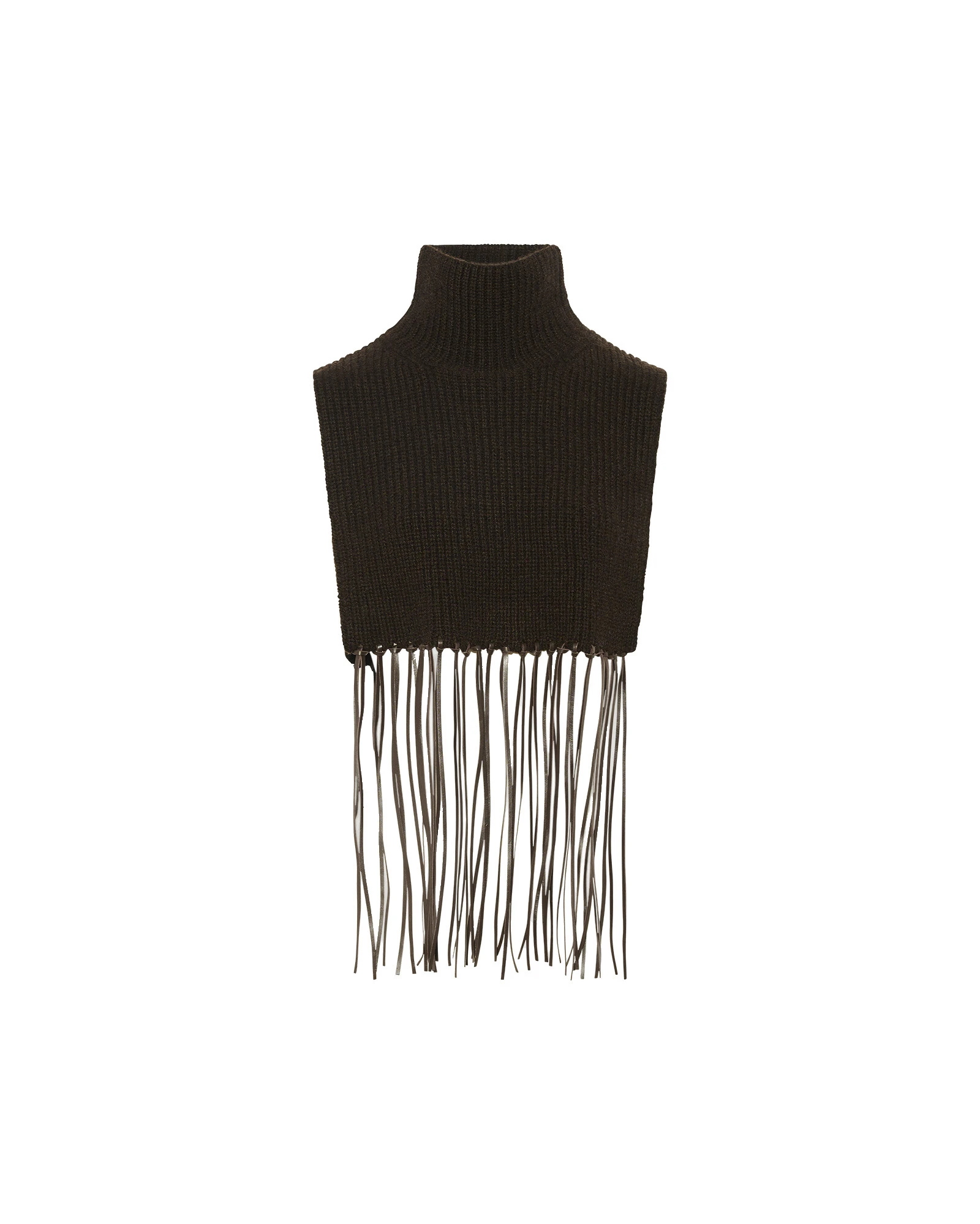Yves Salomon Cashmere Knit Bib with Leather Fringes in Brown Yves Salomon Cashmere Knit Bib with Leather Fringes in Brown | Scarves | Luxury Shoes