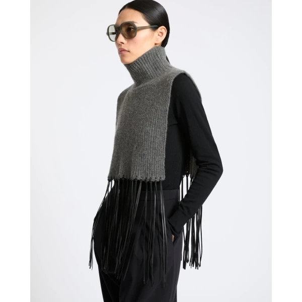 Yves Salomon Cashmere Knit Bib with Leather Fringes in Grey | Scarves | Luxury Shoes 