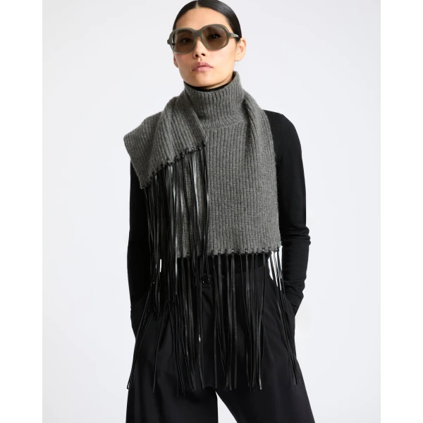 Yves Salomon Cashmere Knit Bib with Leather Fringes in Grey | Scarves | Luxury Shoes 