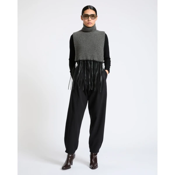 Yves Salomon Cashmere Knit Bib with Leather Fringes in Grey | Scarves | Luxury Shoes 