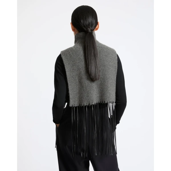 Yves Salomon Cashmere Knit Bib with Leather Fringes in Grey | Scarves | Luxury Shoes 
