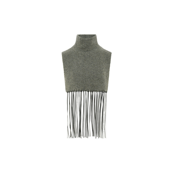 Yves Salomon Cashmere Knit Bib with Leather Fringes in Grey | Scarves | Luxury Shoes 