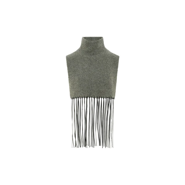Cashmere Knit Bib with Leather Fringes in Grey