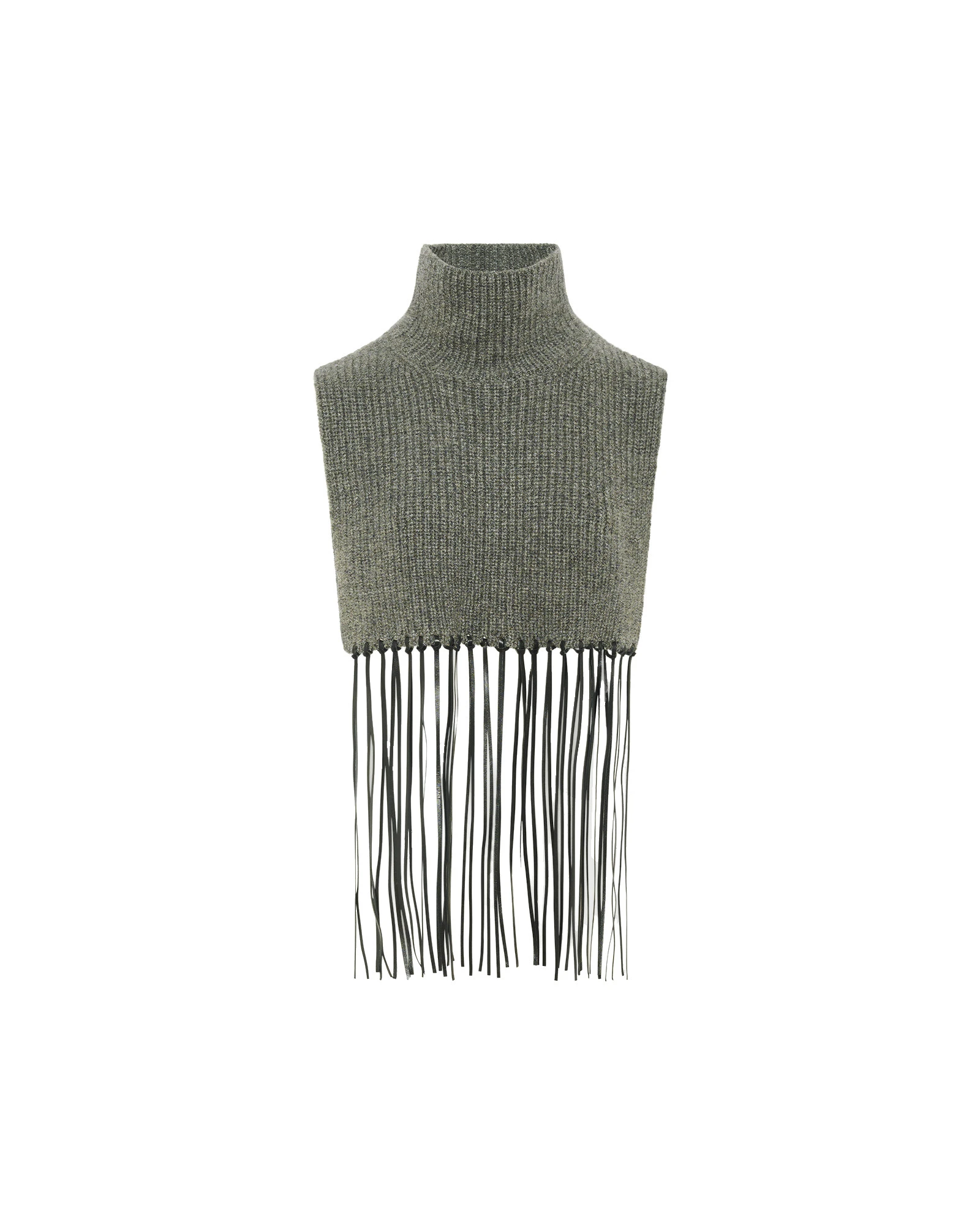Yves Salomon Cashmere Knit Bib with Leather Fringes in Grey Yves Salomon Cashmere Knit Bib with Leather Fringes in Grey | Scarves | Luxury Shoes