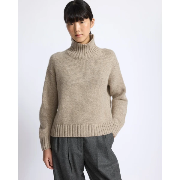 Yves Salomon Cashmere Knit Funnel Neck Sweater in Beige | Turtlenecks | Luxury Shoes 