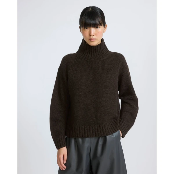 Yves Salomon Cashmere Knit Funnel Neck Sweater in Brown | Turtlenecks | Luxury Shoes 