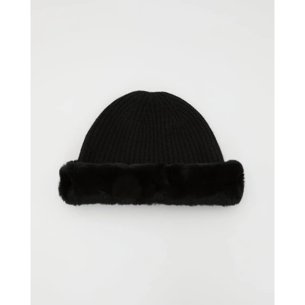 Yves Salomon Cashmere Wool Knit Beanie with Rex Rabbit Fur Turn-Up in Black | Hats | Luxury Shoes 