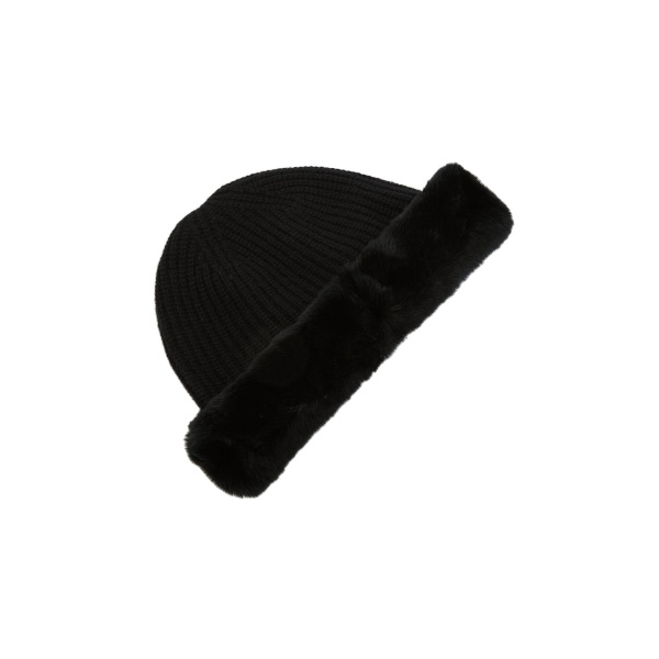 Yves Salomon Cashmere Wool Knit Beanie with Rex Rabbit Fur Turn-Up in Black | Hats | Luxury Shoes 