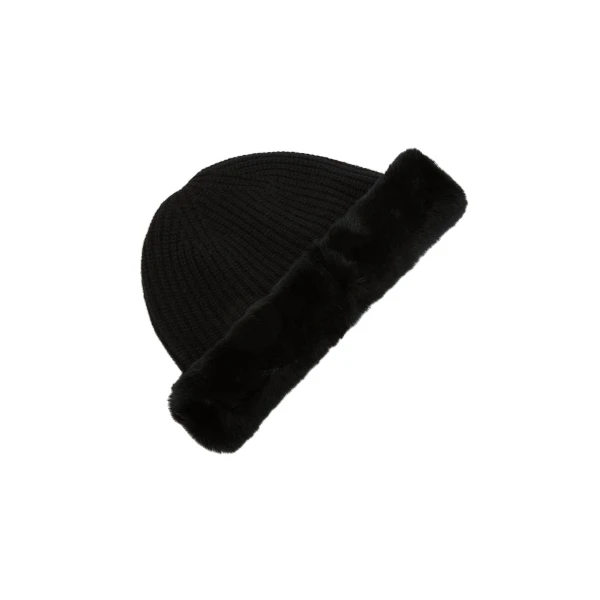 Cashmere Wool Knit Beanie with Rex Rabbit Fur Turn-Up in Black