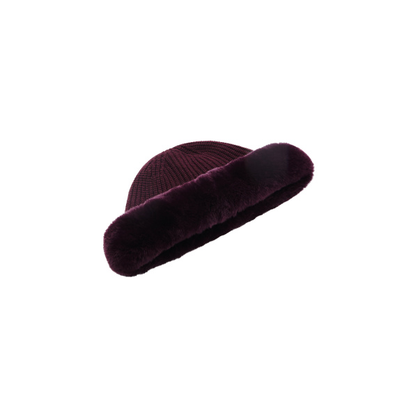 Yves Salomon Cashmere Wool Knit Beanie with Rex Rabbit Fur Turn-Up in Bordeaux | Hats | Luxury Shoes 