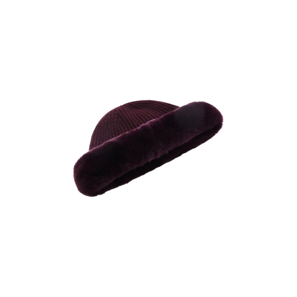 Cashmere Wool Knit Beanie with Rex Rabbit Fur Turn-Up in Bordeaux