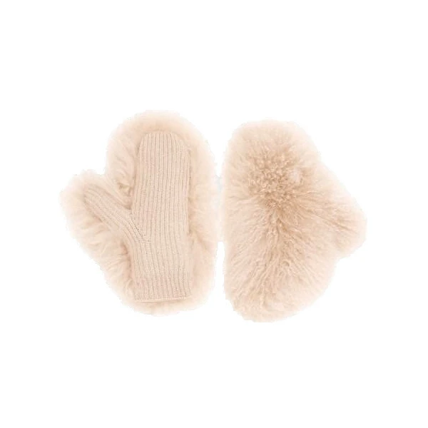 Cashmere Wool Knit Mittens with Cashmere Lambskin in Beige