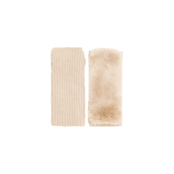 Cashmere Wool and Rex Rabbit Fur Fingerless Gloves in Beige